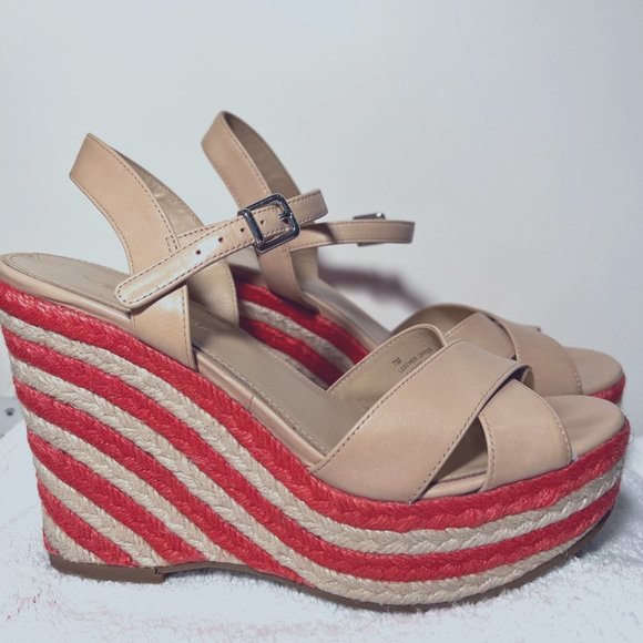 Via Spiga-Women's Wedge Straw Coral & Tan Leather Sandals-4" Heels-Sz. 7M-Unique - Picture 9 of 10
